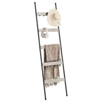 ELYKEN Blanket Ladder for Living Room, Farmhouse 5-Tier Quilt Holder with 4 Removable Hooks for Bathroom, Wood Towel Rack Display, Wall Anchor Leaning Decorative Stand for Home, White Oak